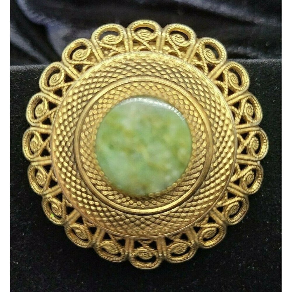 Vintage Lieba USA Gold Tone Filigree Scarf Clip W/ Center Gemstone Art Deco 70s